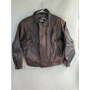 Vintage New Order Leather Jacket Mens XL Brown Flight Bomber Quilted 90s